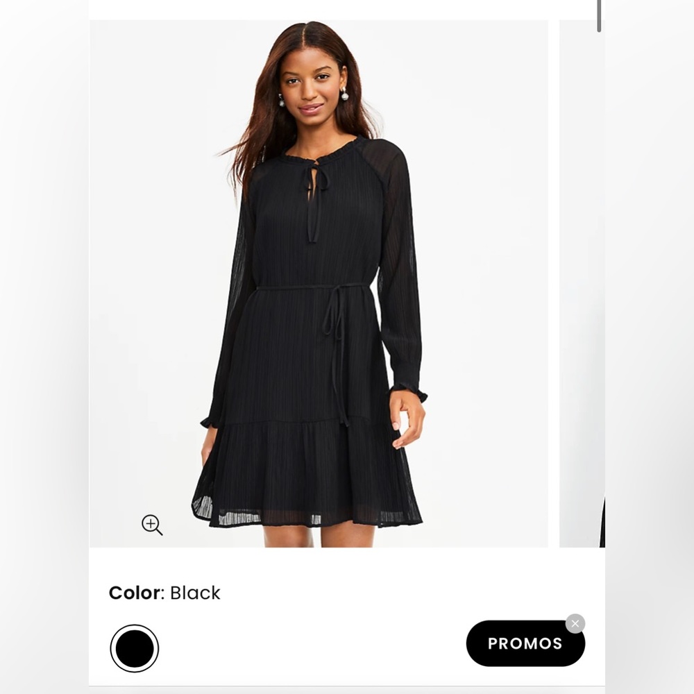 LOFT- Pleated tie neck black dress. NWT